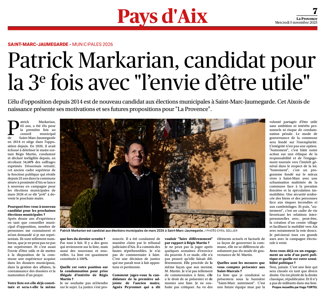 Déclaration de candidature Patrick Markarian - La Provence 5-11-25